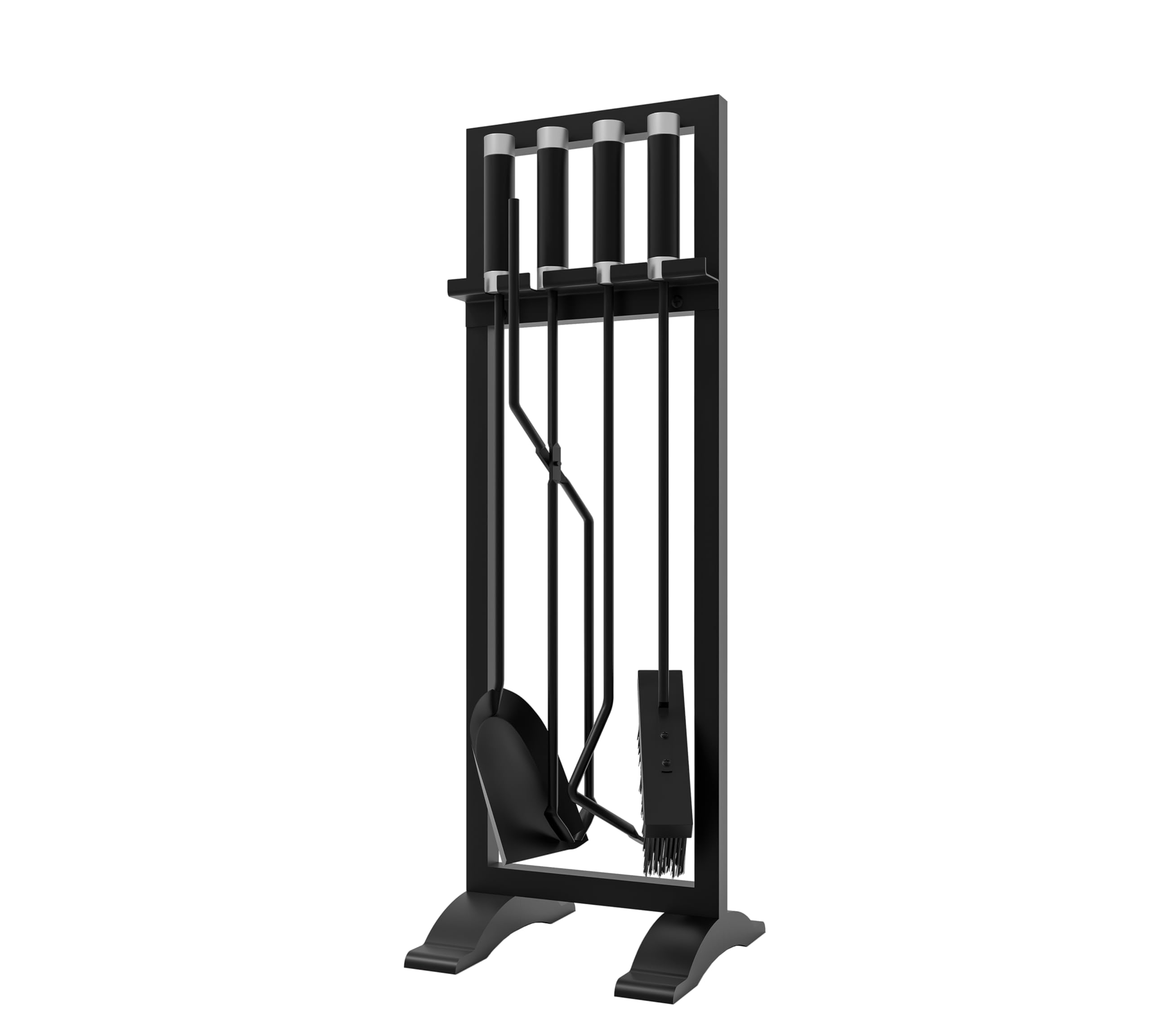 Kingson – Set di accessori per caminetto, 4 pezzi, include attizzatoio, pala, spazzola e pinze – 61 cm, attrezzi per focolare con manici in acciaio inossidabile e ferro – Supporto nero moderno