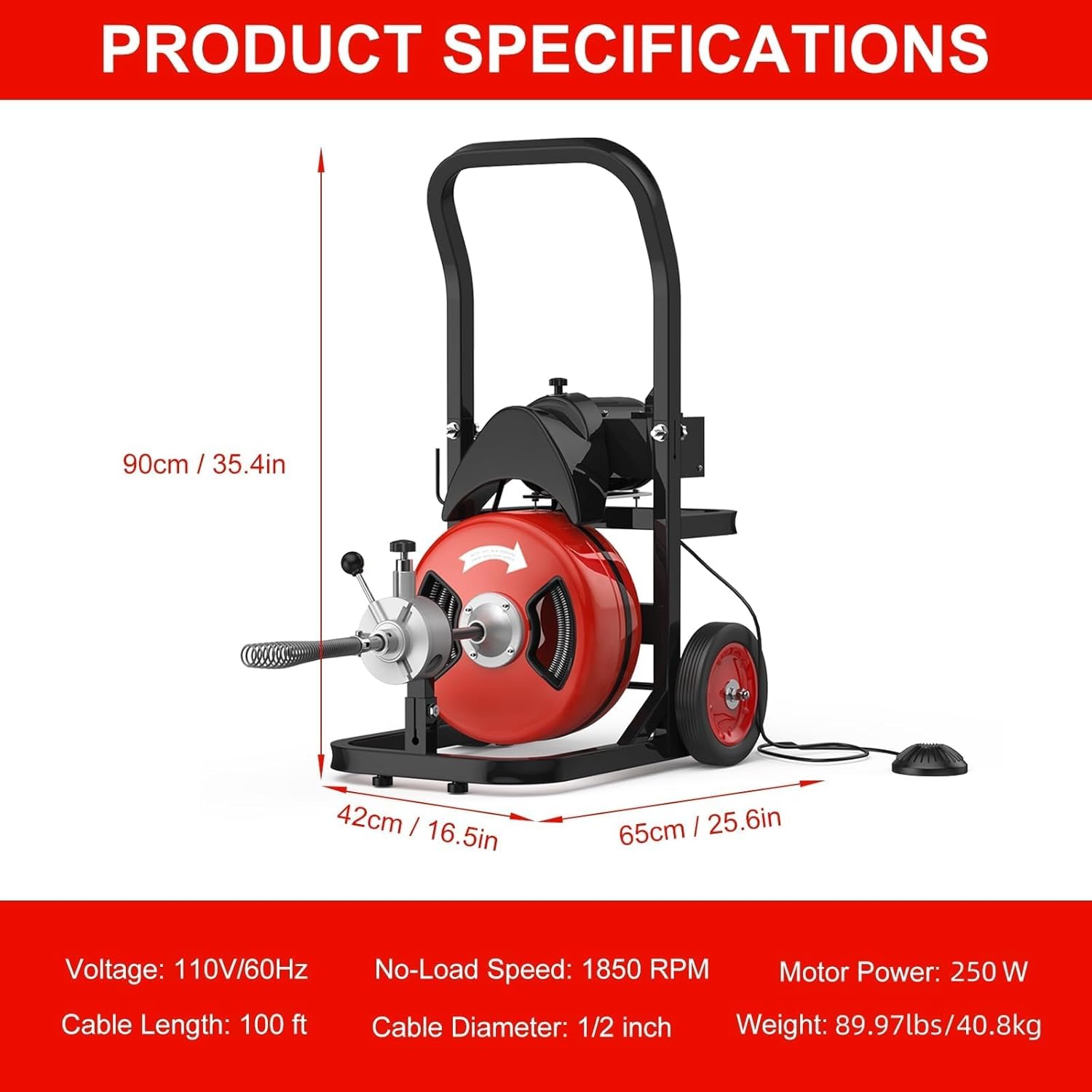 50FT 1/2 Inch Auto Feed Drain Cleaning Machine, Sewer Snake Drain Cleaner with 6 Cutters & Air-Activated Foot Switch, Portable Electric Drain Auger for 1" to 4" Pipes