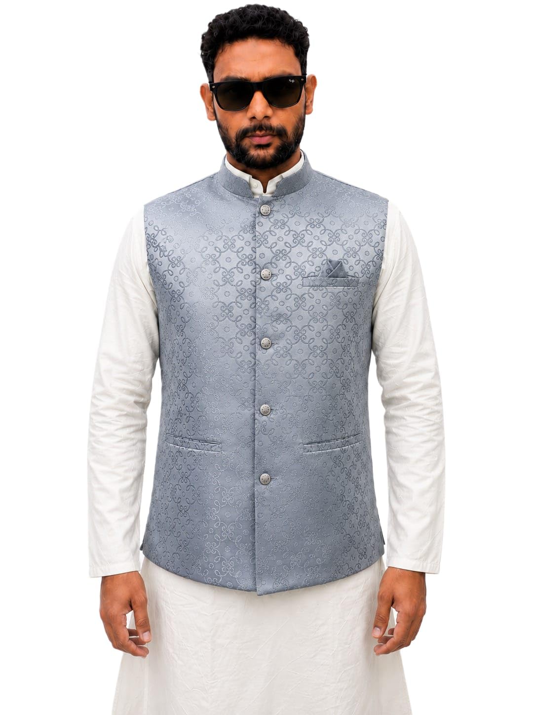 Men's Nehru Jacket Waistcoat with Floral Jacquard Pattern-picture-56