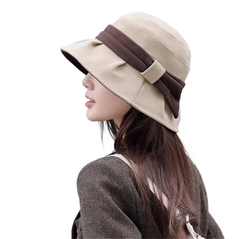 Chapeau seau automne-hiver en maille patchwork beige pour femme
