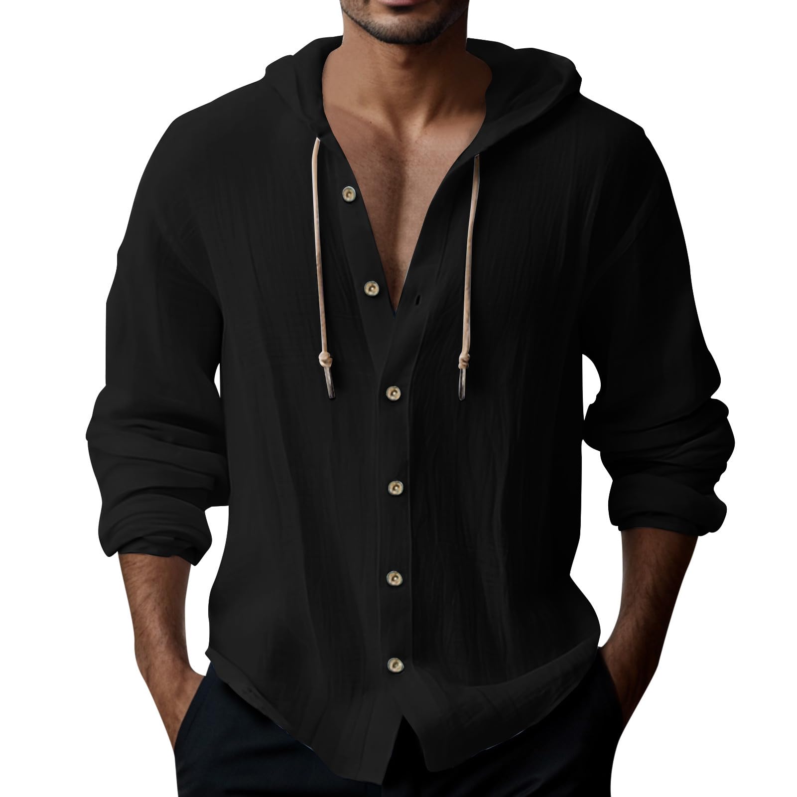 Kapuzenpullover Herren Baumwolle Hemdjacke Dünner Sweatshirt mit Knopf Herbst Hemden Tops Hoodie Mit Kapuze Einfarbig Leichte Hoody Oberteile Bequeme Langarm Henley Shirt Kapuzenhemd