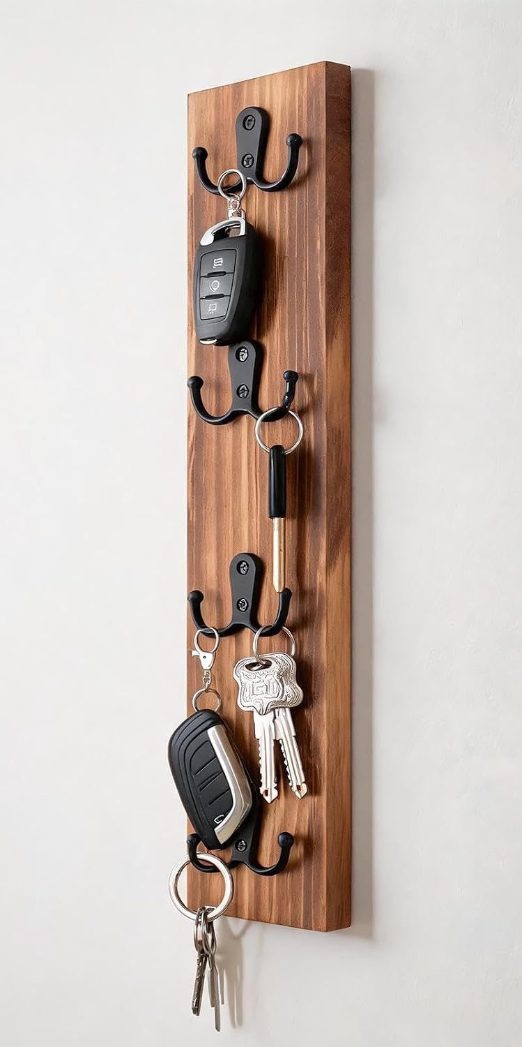 Yohsnor Key Holder Wall Mounted,Vertical Design Brown Key Rack with Hooks