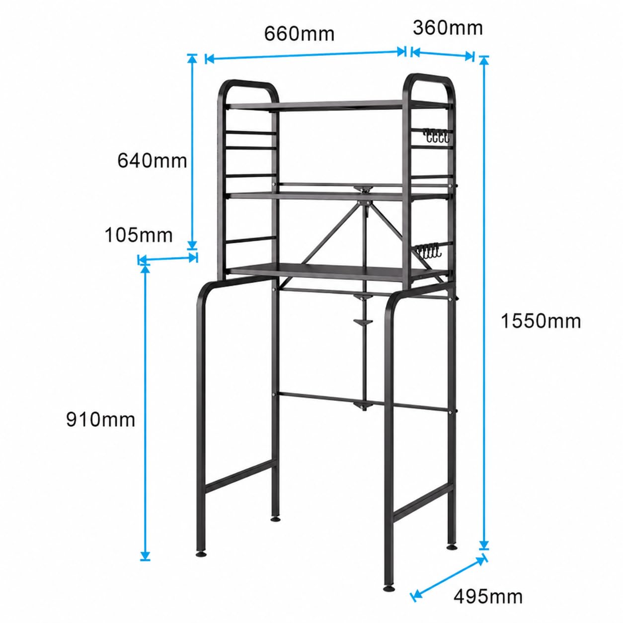 Regał nad Pralkę Metalowy 3 Poziomy, Szafka Regał nad Pralkę z 8 Haczykami, Regulowana Wysokość, Stabilny Organizer do Łazienki WC Pralni, 66x155x49 cm
