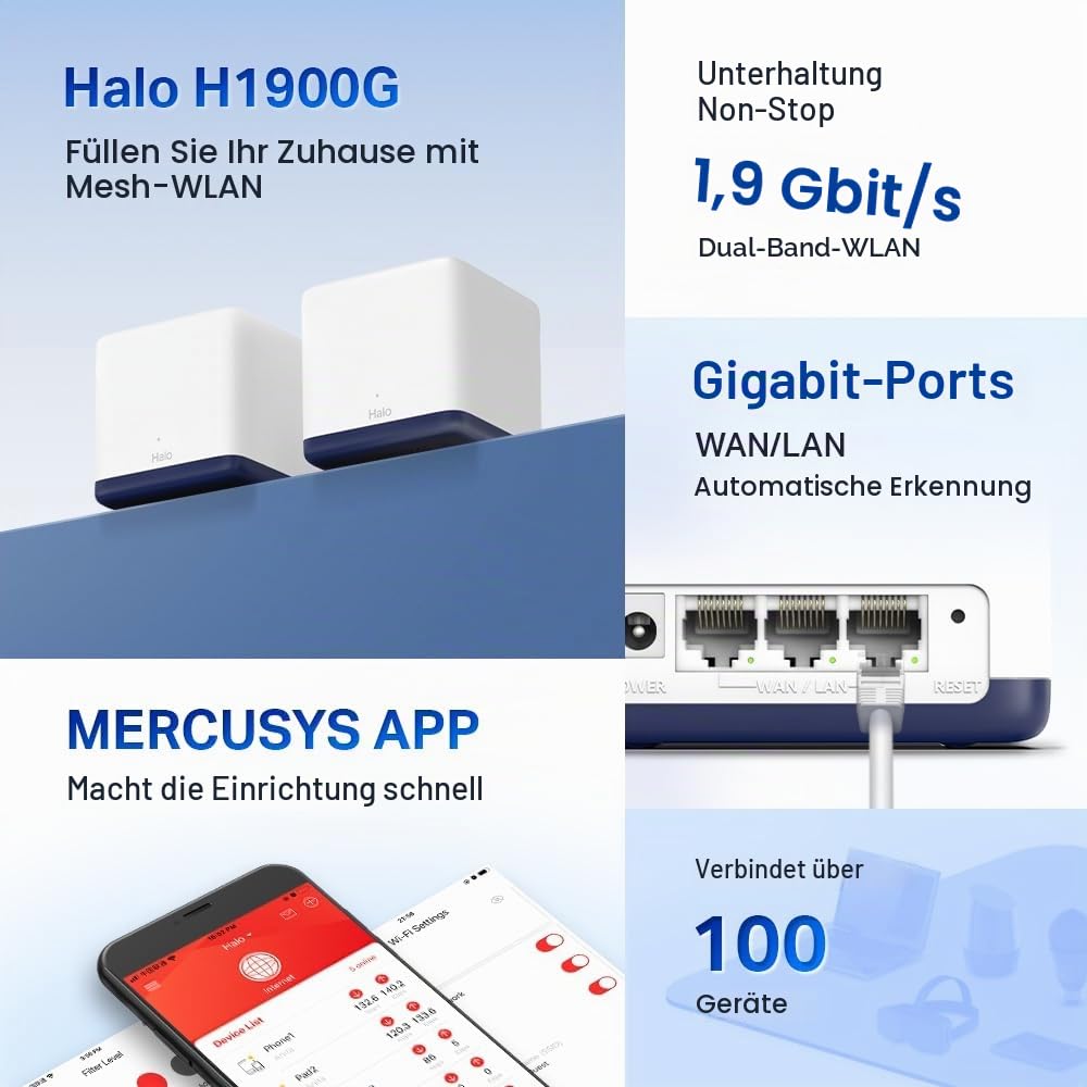 Mercusys Halo H1900G Lot de 3 routeurs et répéteurs double bande AC1900G, 3 ports Gigabit pour chaque unité, recommandé pour les maisons de 3 à 5 chambres à coucher, application MERCUSYS