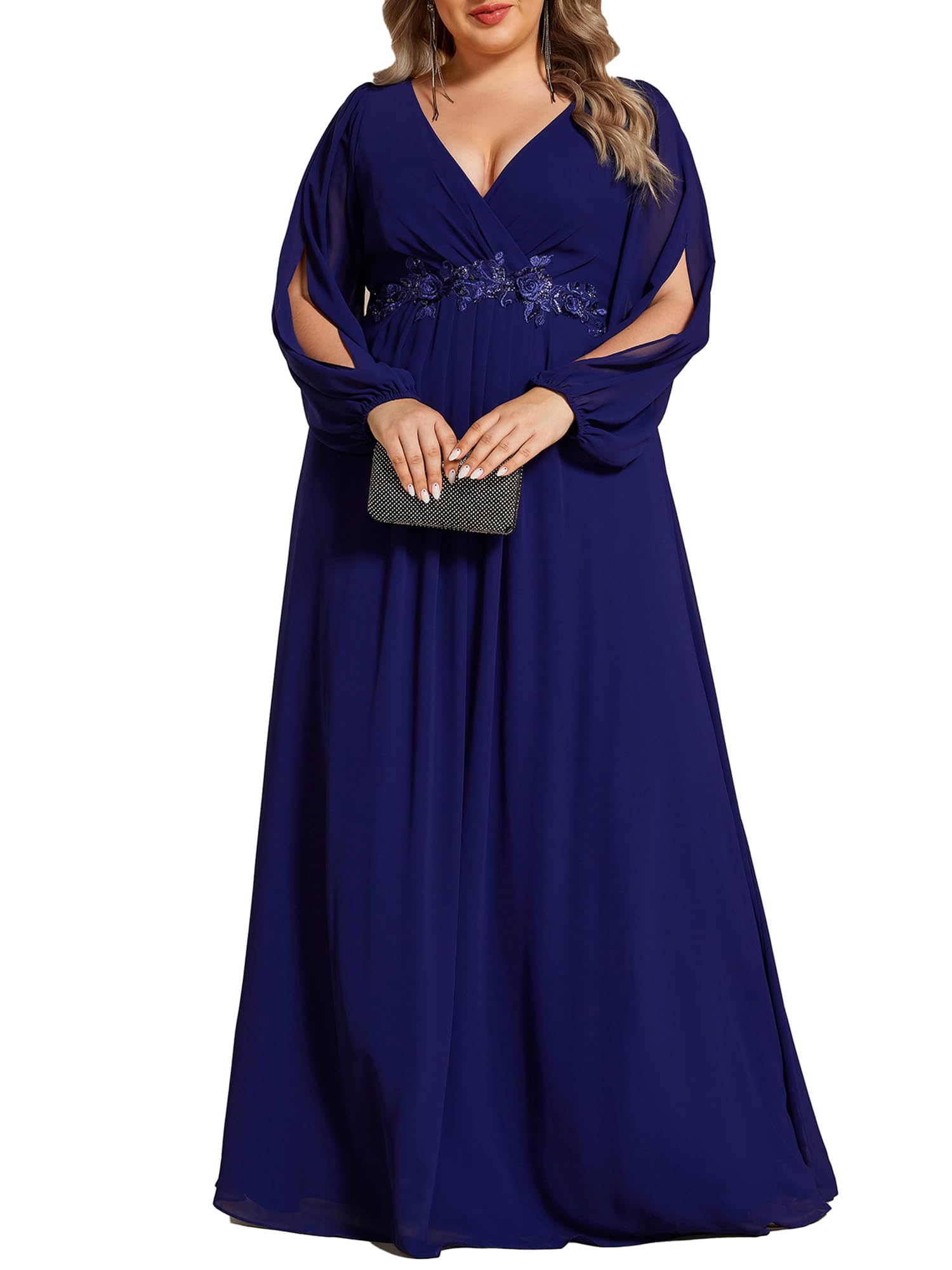 Ever-Pretty Scollo a V Maniche Lunghe Applique Chiffon Plus Size Lungo Formale Abiti da Sera Lunghezza Pavimento Abito da Sfera Abito Donna