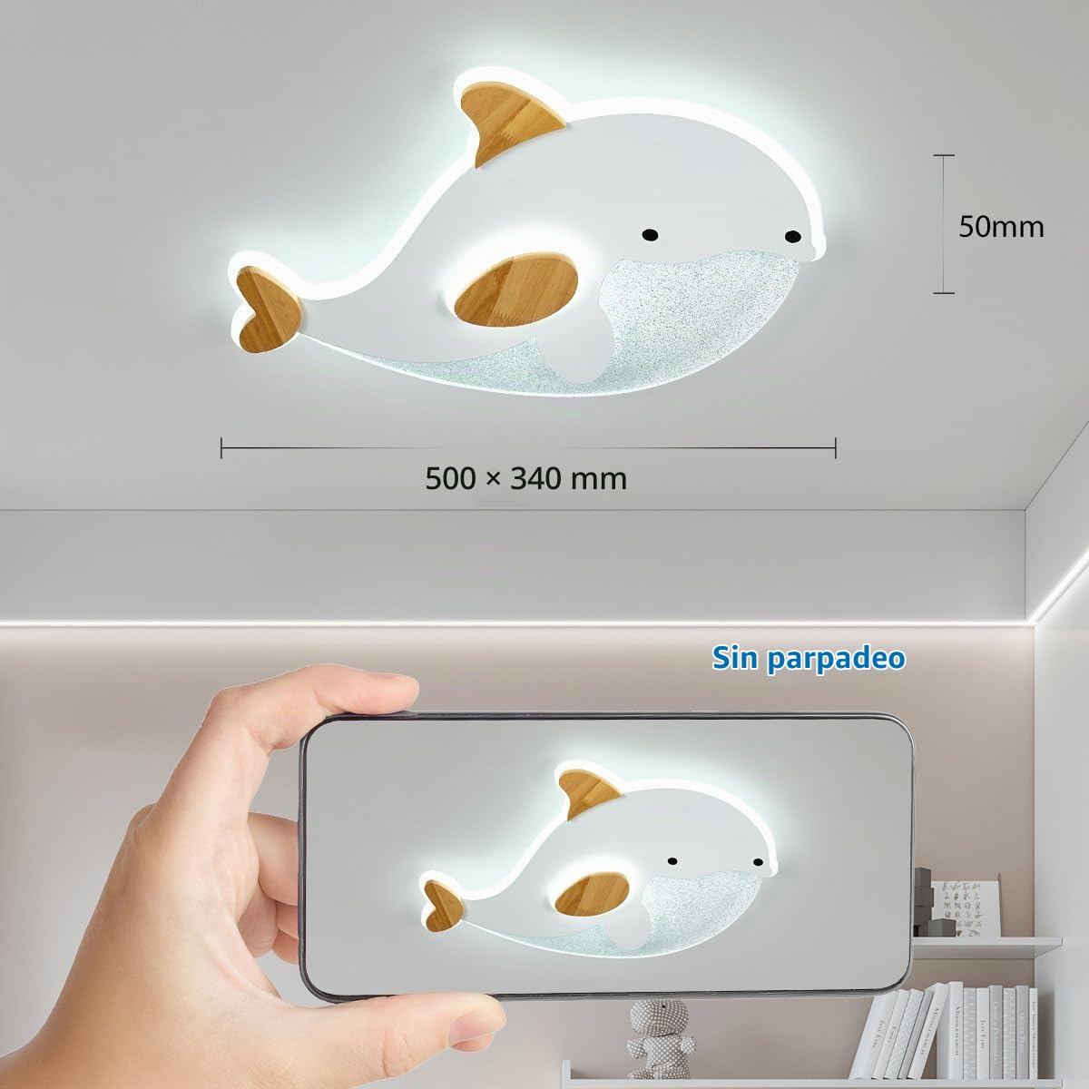 Lampara Techo Dormitorio Infantil,Forma DelfíN Plafon Led Techo Grano Blanco Y De Madera,Dimmable Con Control,28W Plafones Para Techo Led Para Cocina Decoracion Habitacion,50 * 34Cm