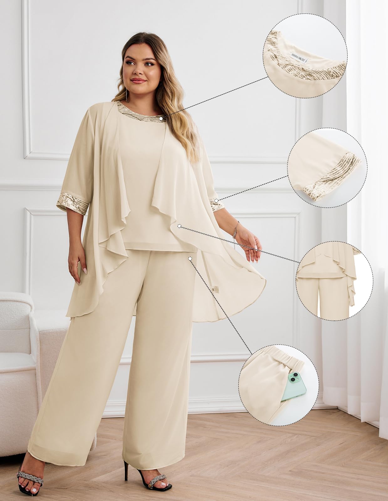 Hanna Nikole Plus Size Madre della Sposa Pantaloni Abiti 3 Pezzi Chiffon Set Abiti da Sposa Abiti Formali con Giacca