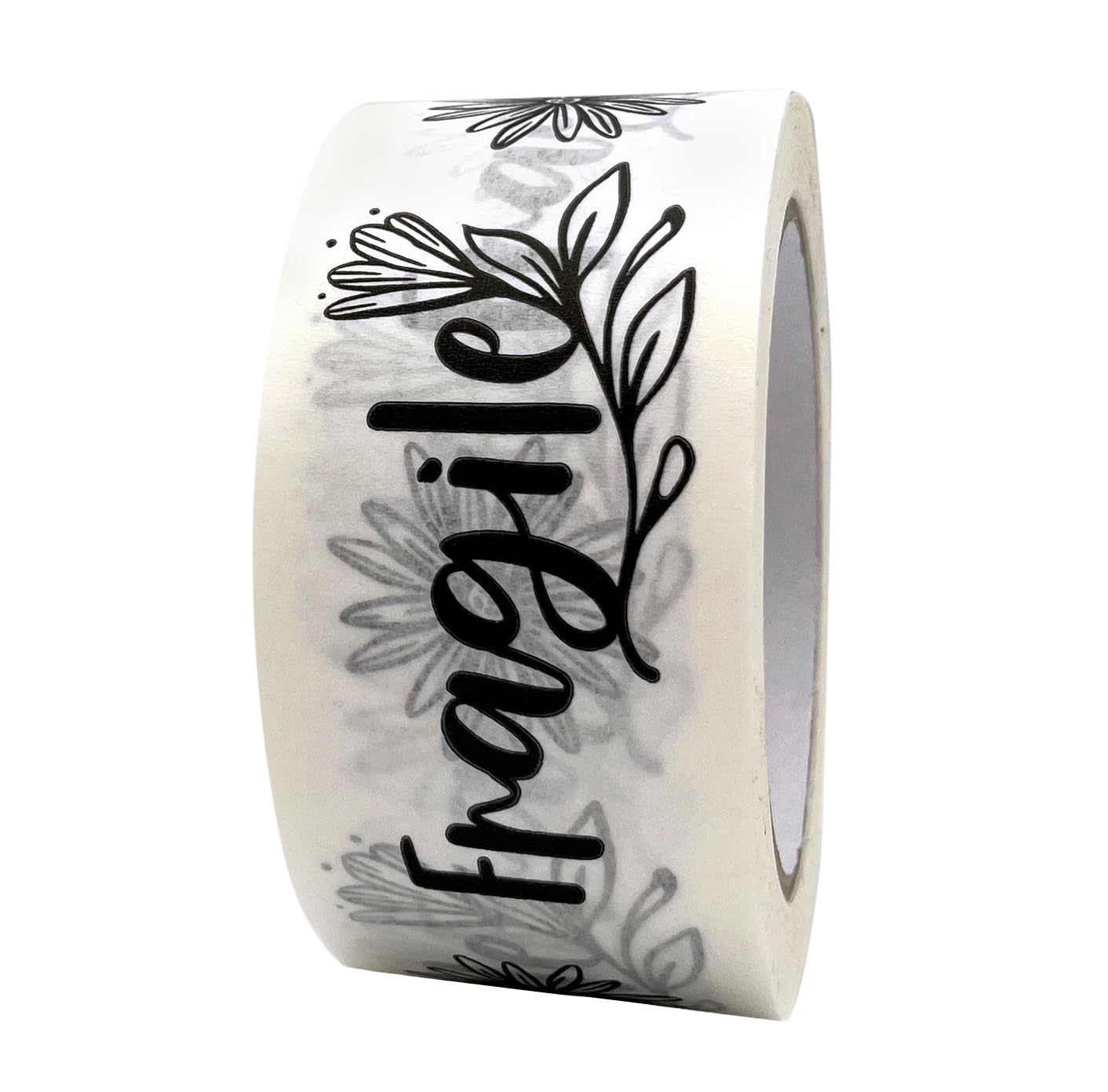 INKKIN Fragile Paper Parcel Tape 50mm, Decorative Botanical Packing Tape, Recyclable Kraft Packaging Tape for Small Business Shipping Boxes (Black/White)