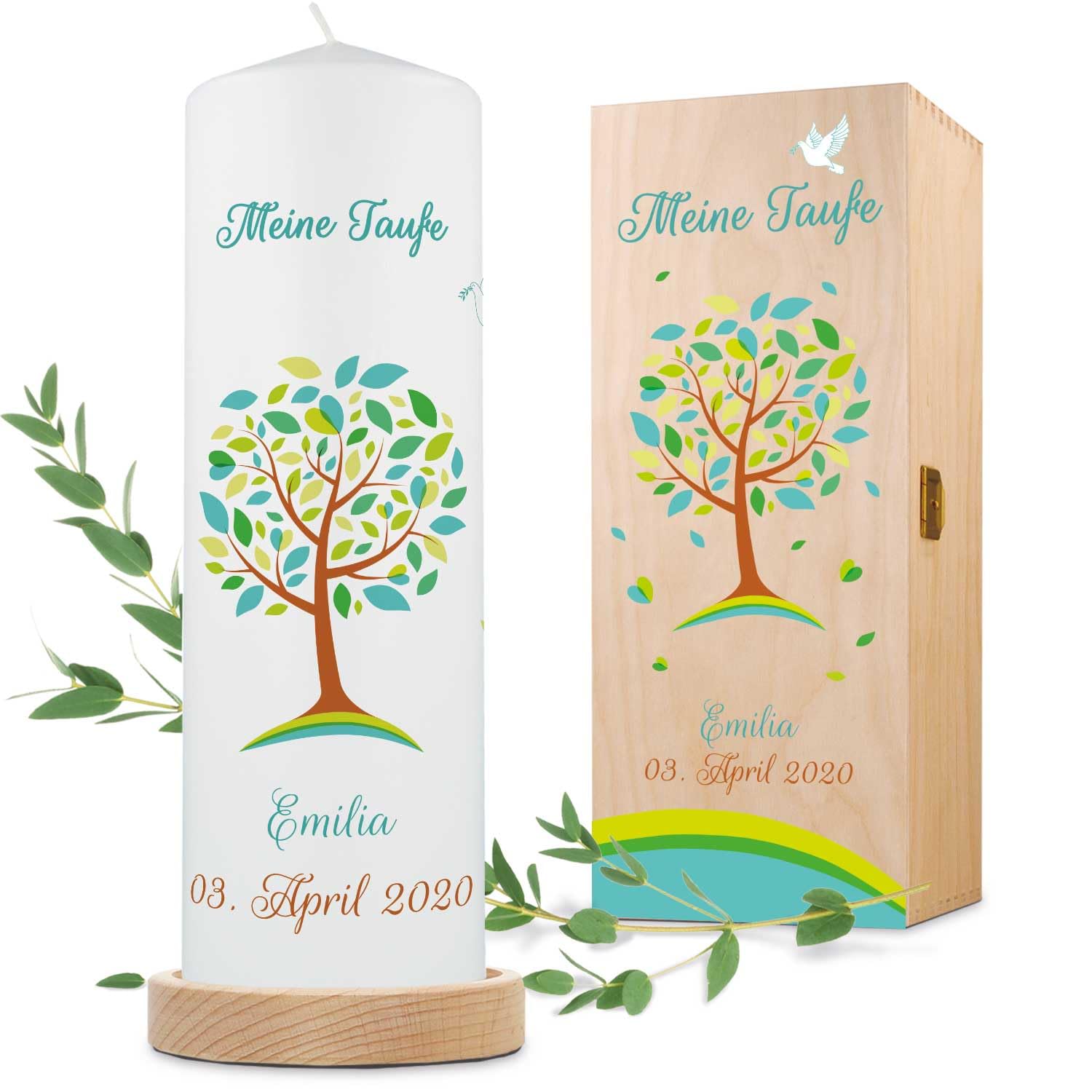GRAVURZEILE Taufkerze Lebensbaum - Kerze mit Namen, Datum & Taufspruch - Hochwertige Stumpenkerze 250/80 mm brilliant bedruckt - Personalisiertes Taufgeschenk für Mädchen & Jungen - Weiß - Grün