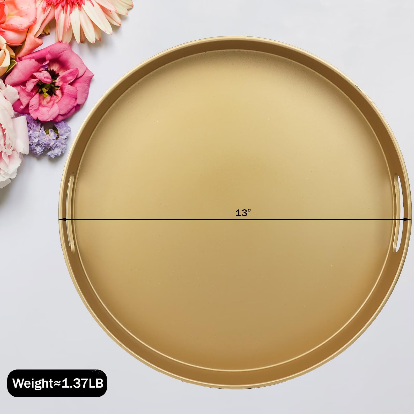 Bandeja redonda decorativa dorada con asas, bandeja otomana versátil de 13 pulgadas para mesa de café, entretenimiento, patio al aire libre, sala de estar