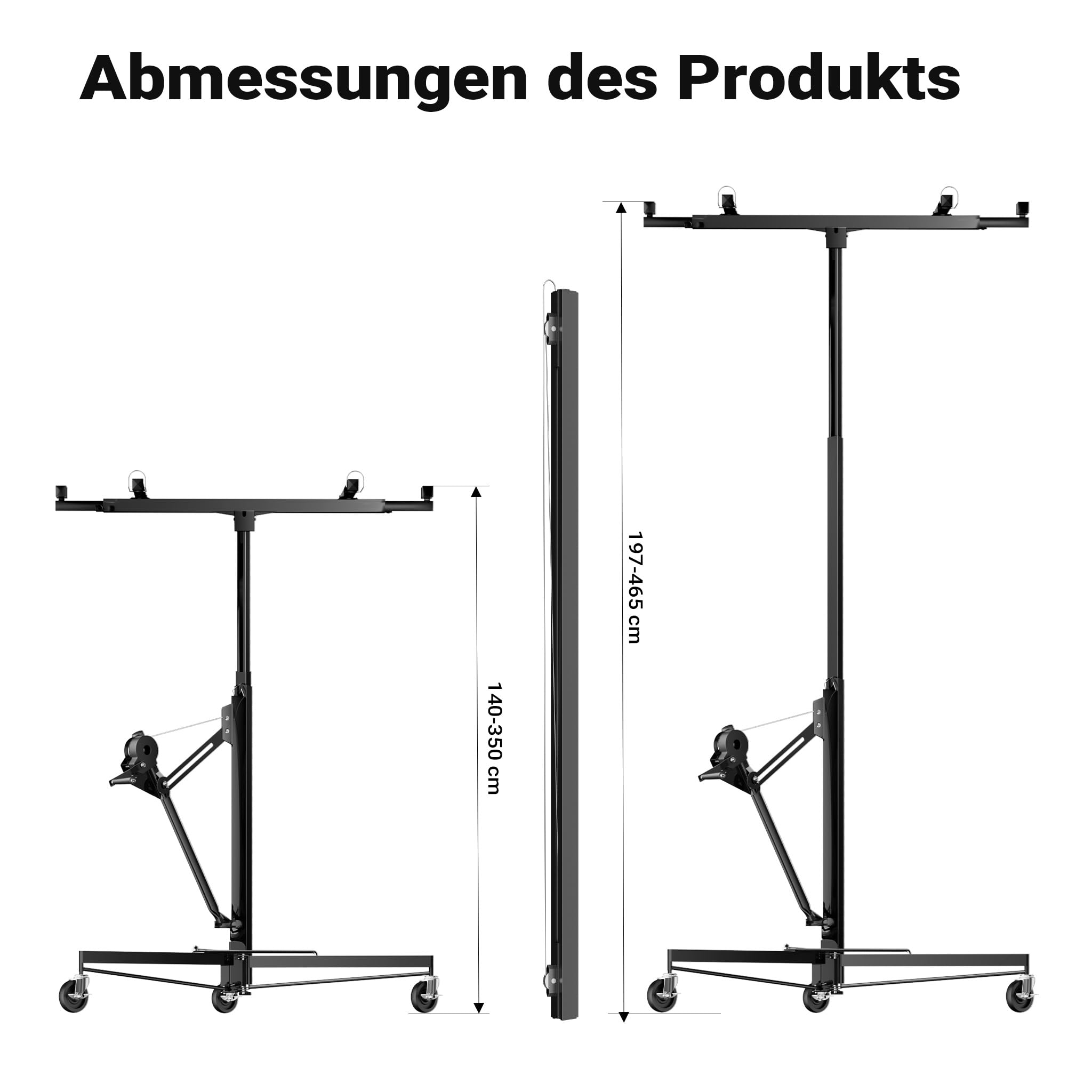 Wiltec SET XXL Plattenheber bis max. 68 kg + 140 cm Verlängerung, Höhe 140-465 cm, max. Breite 2,90 m, Montagehilfe für Trockenbau, Paneelheber mit 3 Rädern, schwarz
