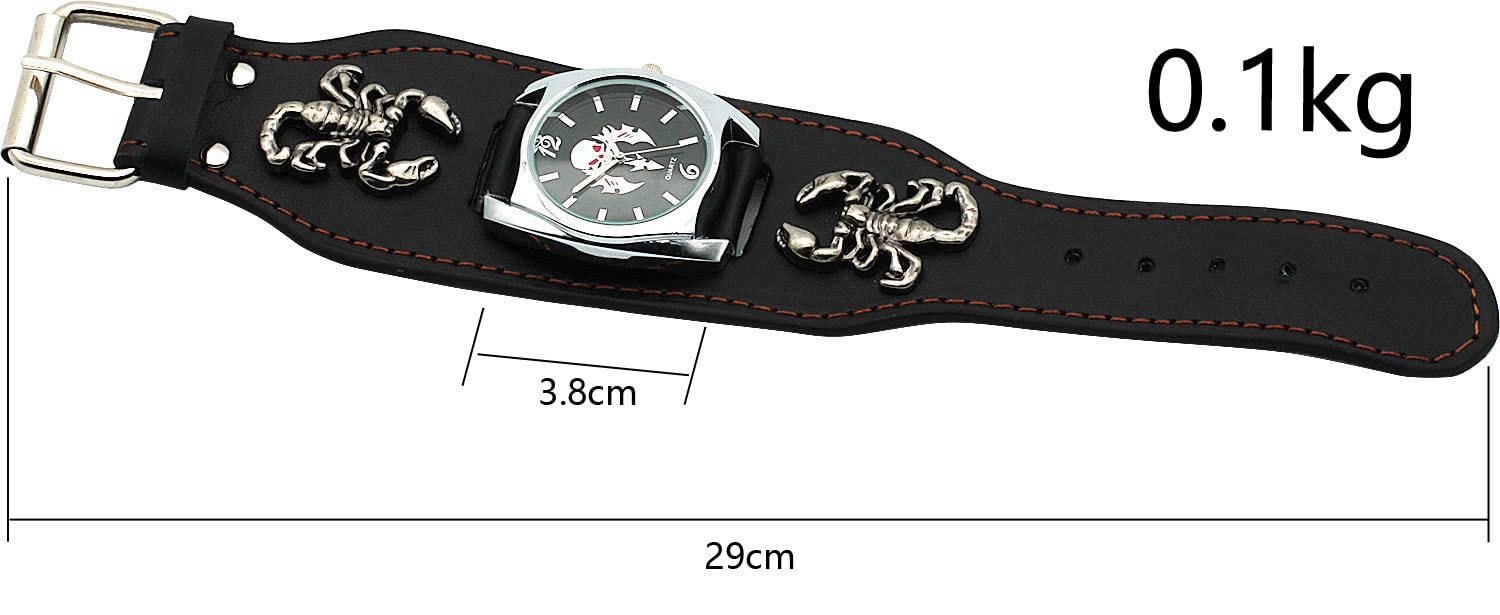 Reloj punk Scorpion Skull para hombres y mujeres, reloj de pulsera de cuero ancho negro, estilo fresco, reloj de locomotora de roca, Punk 7