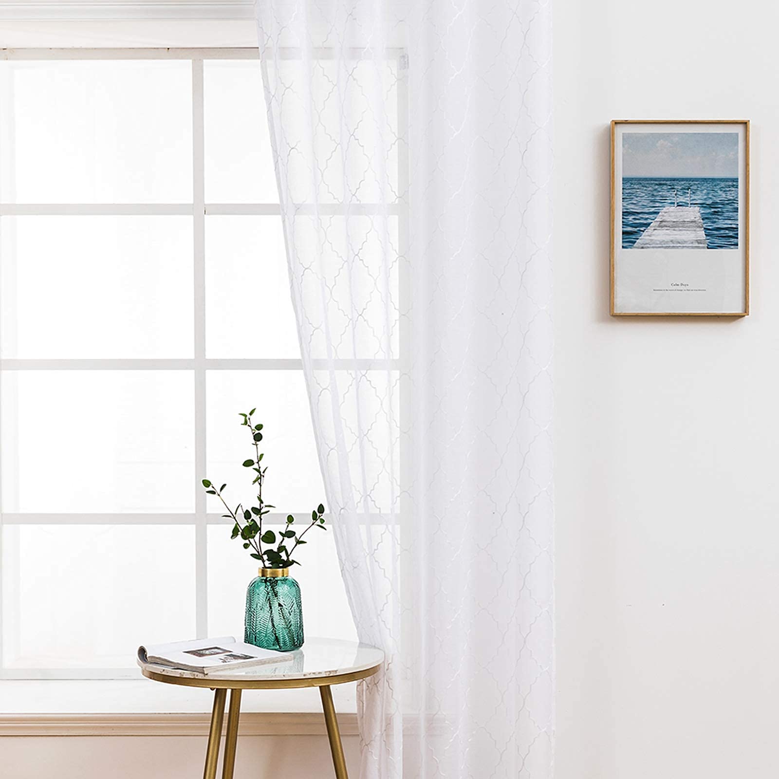 MIULEE Tende Trasparenti Marocco Ricamati 2 Pannelli Bianco 140x175 cm | Tende per Interni Voile Tenda per Finestra con Occhielli per Soggiorno e Camera da Letto