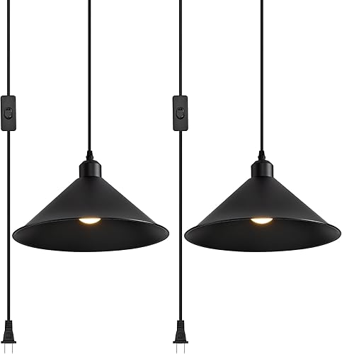 Miniatura 13 de Lámpara colgante con enchufe negra, paquete de 2 lámparas colgantes industriales negras vintage con interruptor de encendido/apagado, iluminación