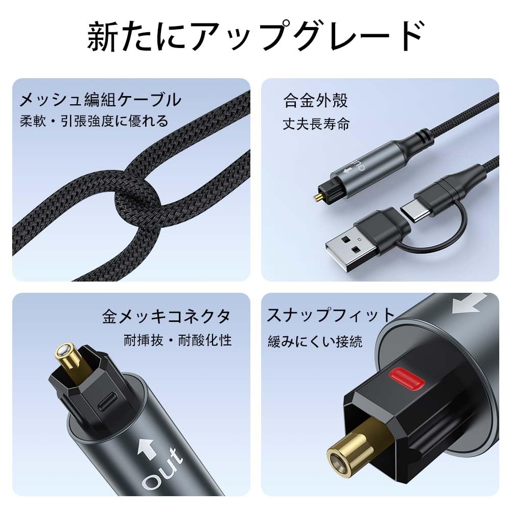 Optisches Audiokabel, USB auf Toslink 2-in-1 USB A/USB C auf SPDIF, digitales optisches Adapterkabel, 24 Bit/192 kHz für Laptop, PC, PS5, Soundbar, Lautsprecher, Heimkino, 1,8 m