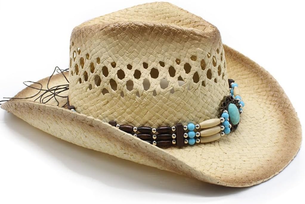 Western Straw Cowboy Hat with Turquoise Beaded Band, Pink Ombre Trim, Ventilated Design