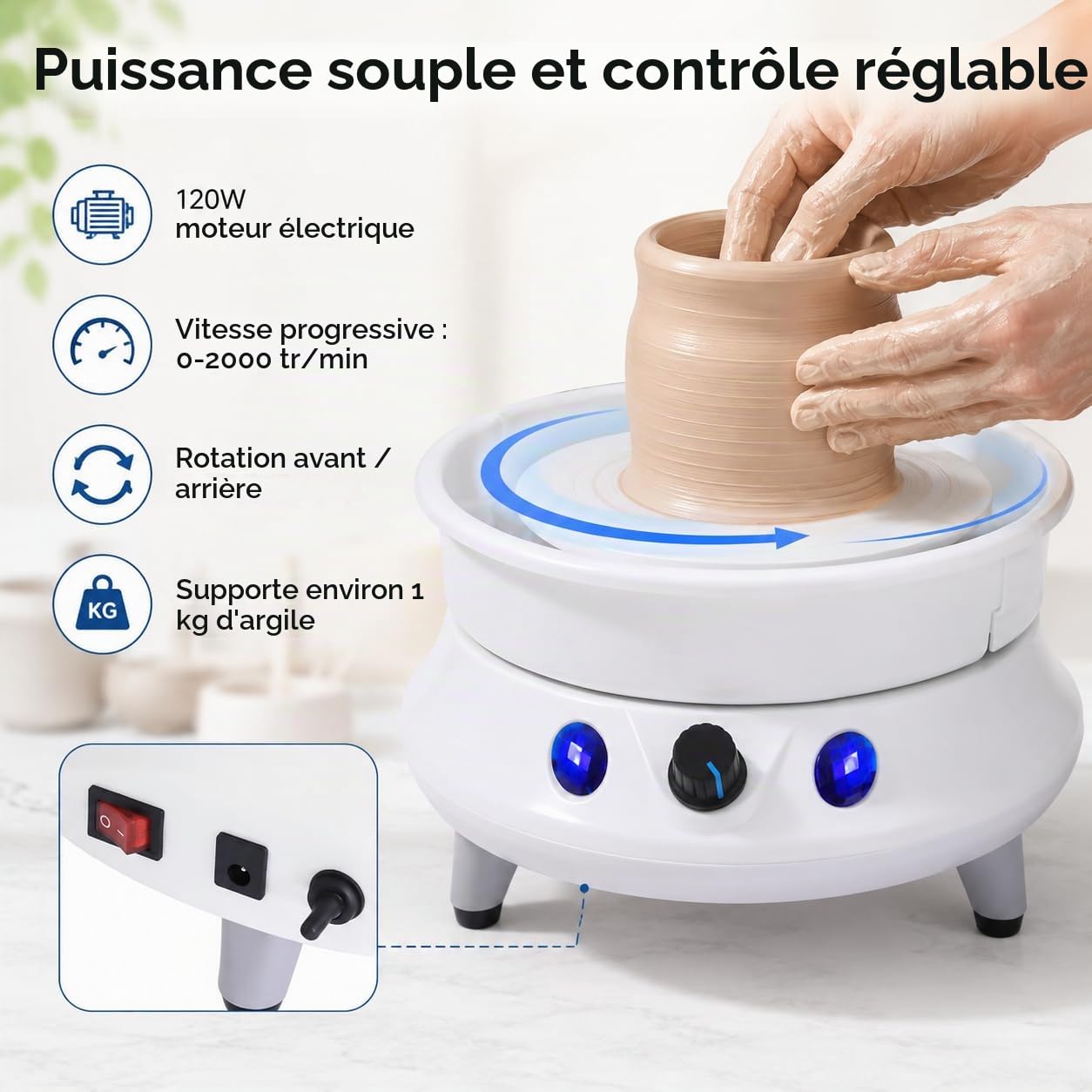 120W Tour de Potier Tour de Potier Adulte Machine à Argile Céramique Machine de Transfert de Poterie Vitesse Réglable 2000 rpm Tour de Poterie pour Enfants,Convient pour la Maison, l'école