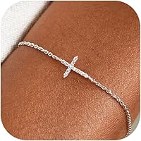 Moodear Dainty 925 Sterling Silver Cross Bracelet for Women - 14K Gold Plated CZ Religious Jewelry, Adjustable Snake Pearl Chain Gift for Her