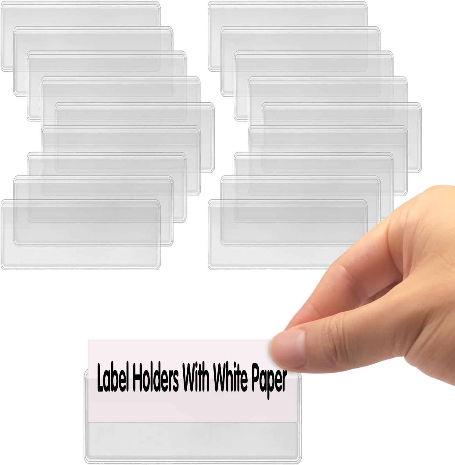 Self Adhesive Label Holders, ELEMGULY 200 Pack Adhesive Shelf Tag Shelf Label Holder Clear Pocket Holder with Paper for Supermarket, Bookshelf, Kitchen (2 x 1 Inch)