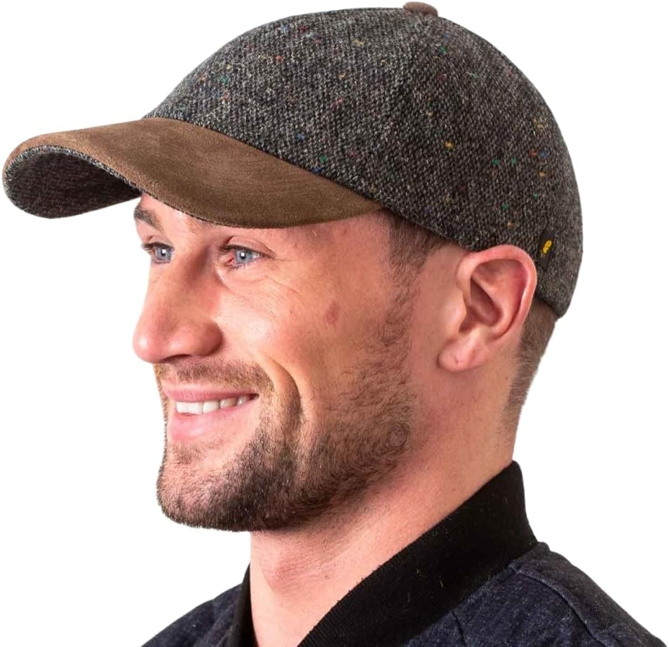Hatman of Ireland Baseball Cap for Men's 100% Donegal Tweed with Suede Leather Peak Made in Ireland
