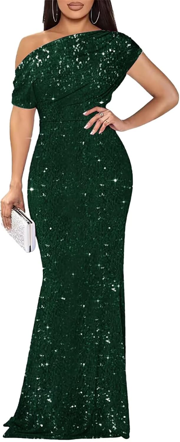 Maxianever Glitter Sequin Mermaid Maxi Dress Long One Shoulder Bodycon Prom Cocktail Dress 2026