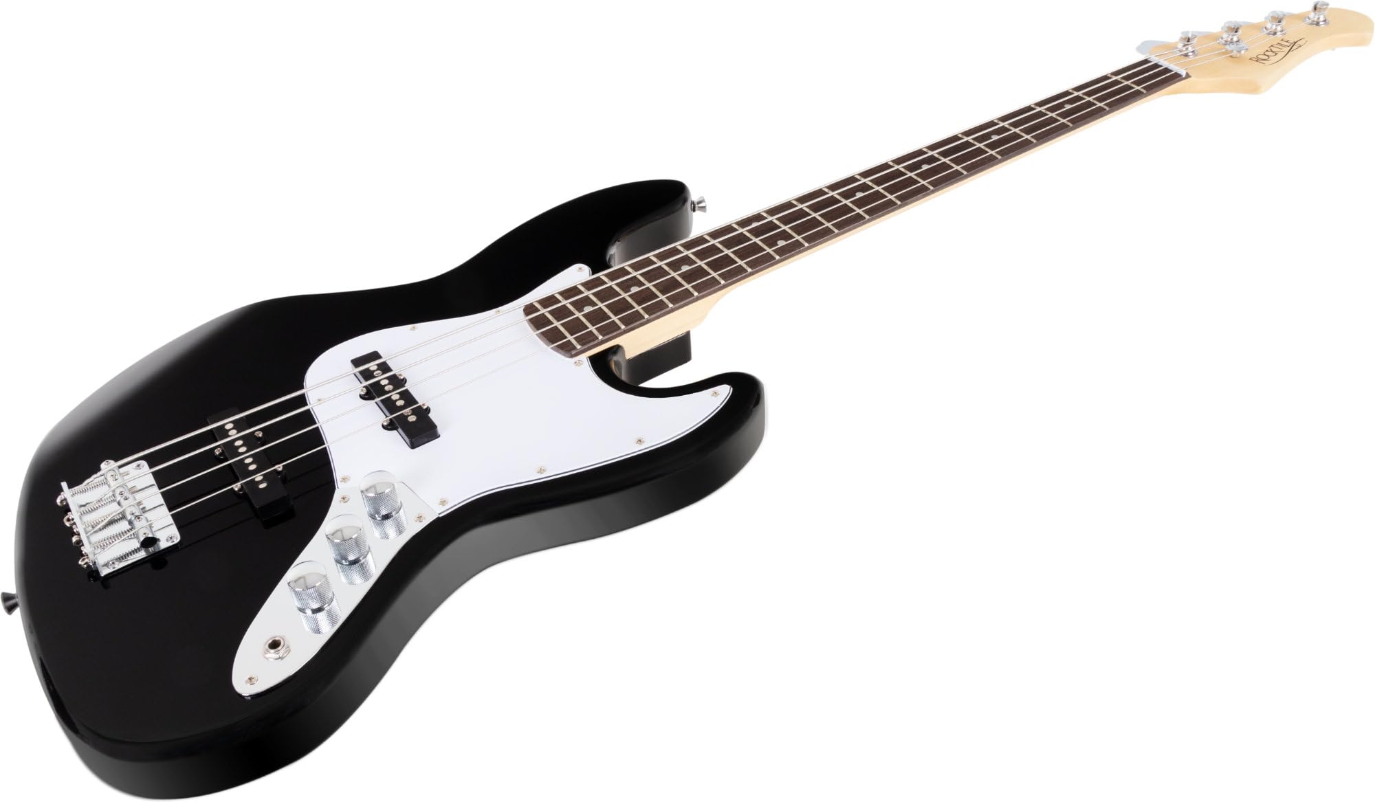 Rocktile Fatboy II BK E-Bass Black Set inkl. Schule, Jazz-Style E-Bass | 2 Single Coil Tonabnehmer, 2 Volume-/1 Toneregler, Korpus: Linde, Hals: Ahorn (unbehandelt), Griffbrett: Palisander, 21 Bünde