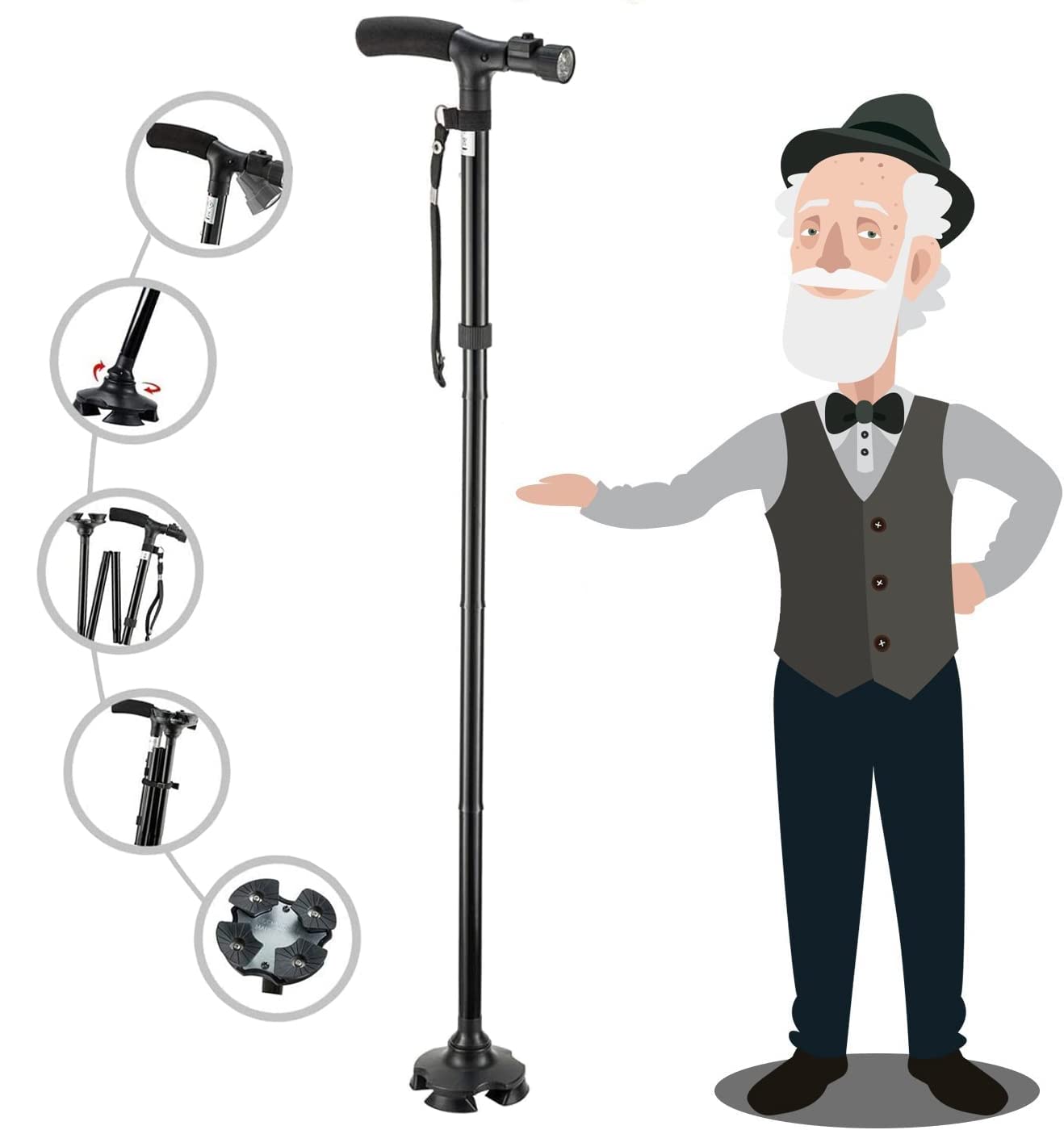 Bastone da Passeggio Pieghevole con Luce Torcia a LED, per Anziani,Altezza Regolabile, Canna Leggero,maniglia a T,Base Antiscivolo