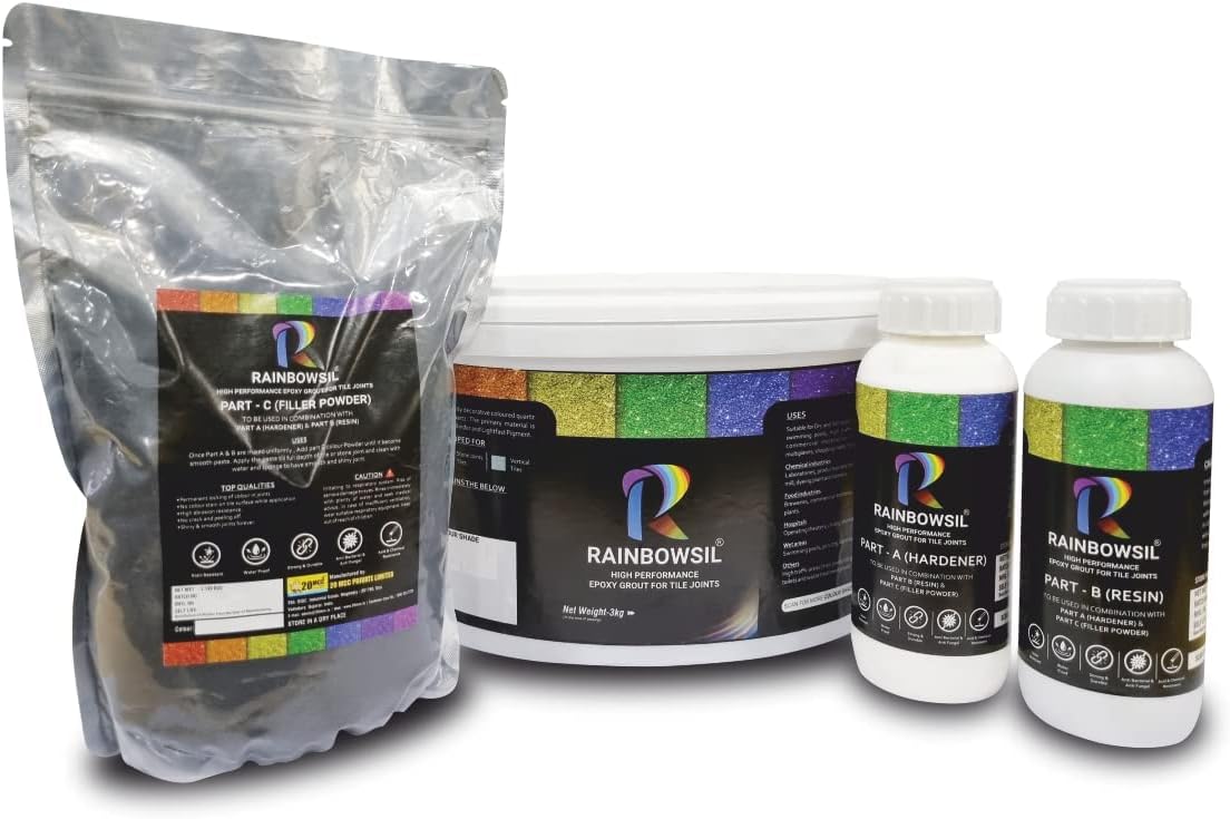 Rainbowsil Epoxy Grout Tile Joints Colored Quartz Sand Waterproofing & Repairs for Roofs, Terraces, Bathrooms Bonds strongly Color Pure White -1kg(Hardener, Resin, Filler Powder Pack of 3)