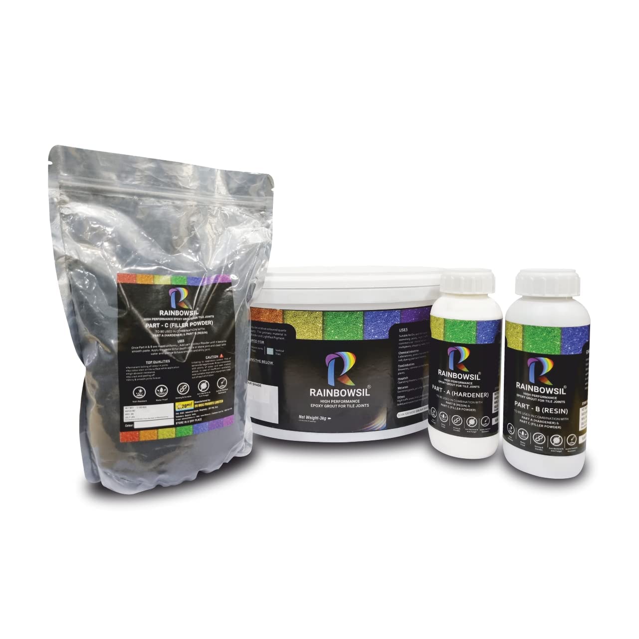 Rainbowsil Epoxy Grout Tile Joints Colored Quartz Sand Waterproofing & Repairs for Roofs, Terraces, Bathrooms Bonds strongly Color Pure White -1kg(Hardener, Resin, Filler Powder Pack of 3)