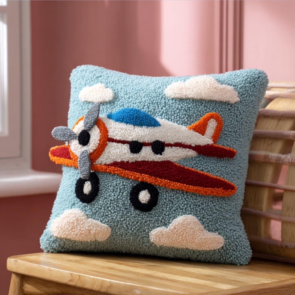 AxiangziK Latch Hook Pillow Kit,Airplane 43X43Cm DIY Cushion Cover