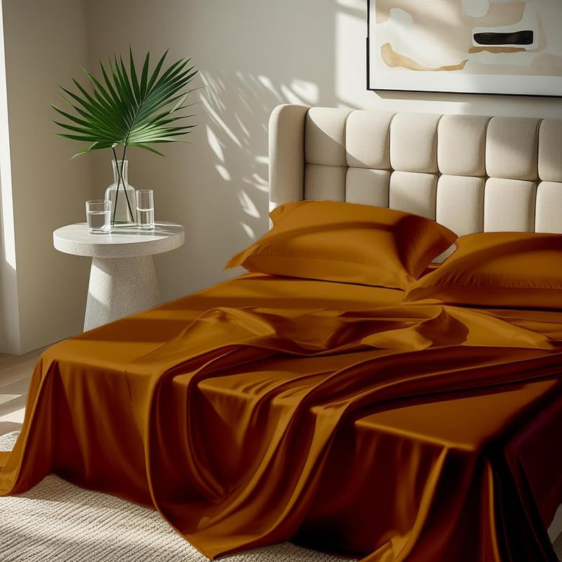 Image of Premium Satin Double Bed (90x100 Inchs) with 2 Pillow Cover Bedsheet Ultra Soft & Silky Smooth, Breathable Cooling Fabric, Luxury Glossy Finish|Copper