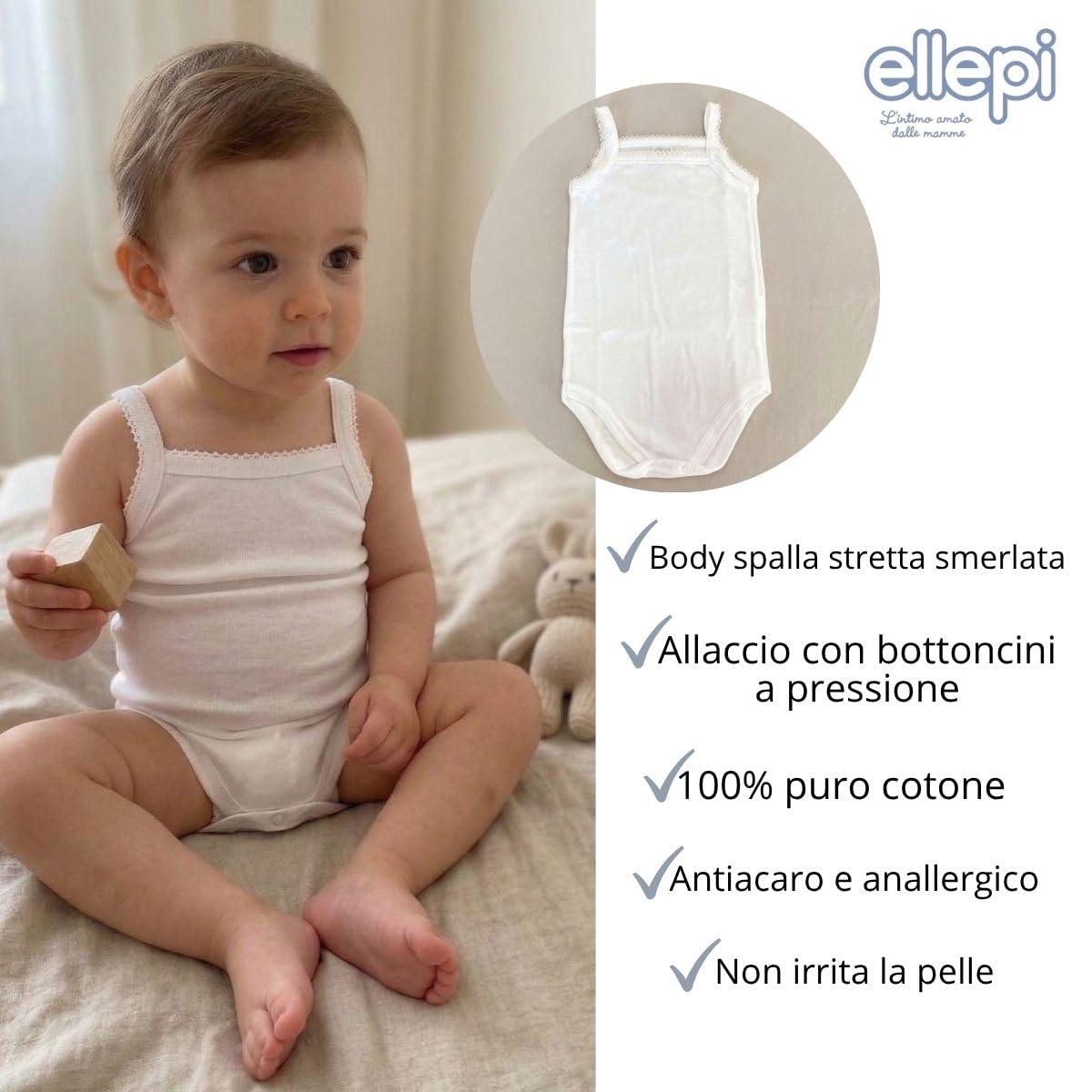 Ellepi Body Neonata in Cotone 100%, Pack 6 Pezzi, Intimo Bambina Anallergico e Antiacaro, Body Spalla Stretta con Bottoni a Pressione, Morbido e Traspirante