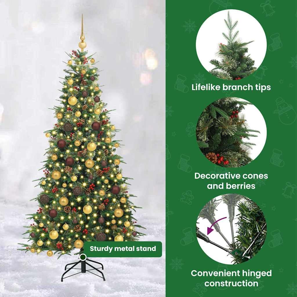 vidaXL Albero di Natale Artificiale con Rami Pieghevoli Verde 180 cm, Albero di Natale a forma di cono, decorazione resistente, luci festive con stringa bianca calda
