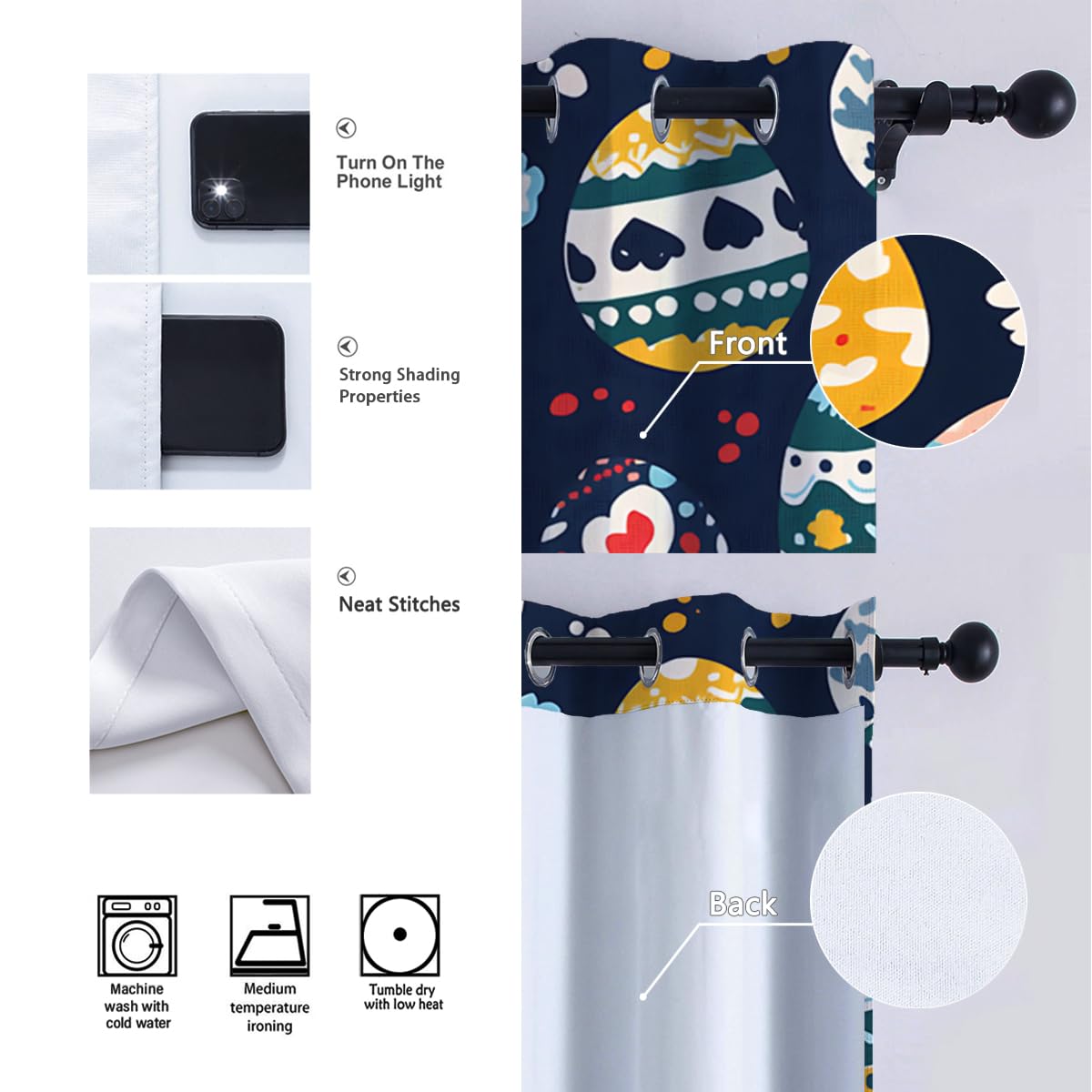 Cortinas Opacas con Estampado Huevo Pascua con Estampado Pascua Dibujos Animados Cortinas oscureciendo Ventanas para el salón y la habitación del bebé 2 Paneles 2xB168xH229