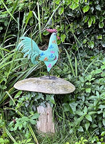 Green Cockerel Rooster Hen Sculpture Garden Ornament - pretty painted metal chicken ideal for garden or indoors!