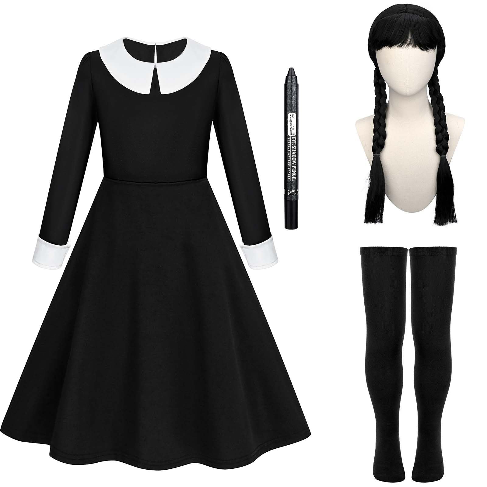 Kavoc 4Pack Halloween Role Play Set Include Black Twins Braided Wig Socks Black Dress for Cosplay Party Supplies (10-12Years Old)