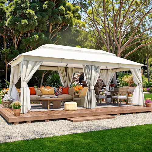 LAUSAINT HOME Semi-permanent Patio Gazebo 10'x20' with Expansion Bolts, Outdoor Heavy Duty Party Shelter with Double Roof, Mosquito Nettings and Privacy Screens for Backyard, Garden, Lawn, Cream White