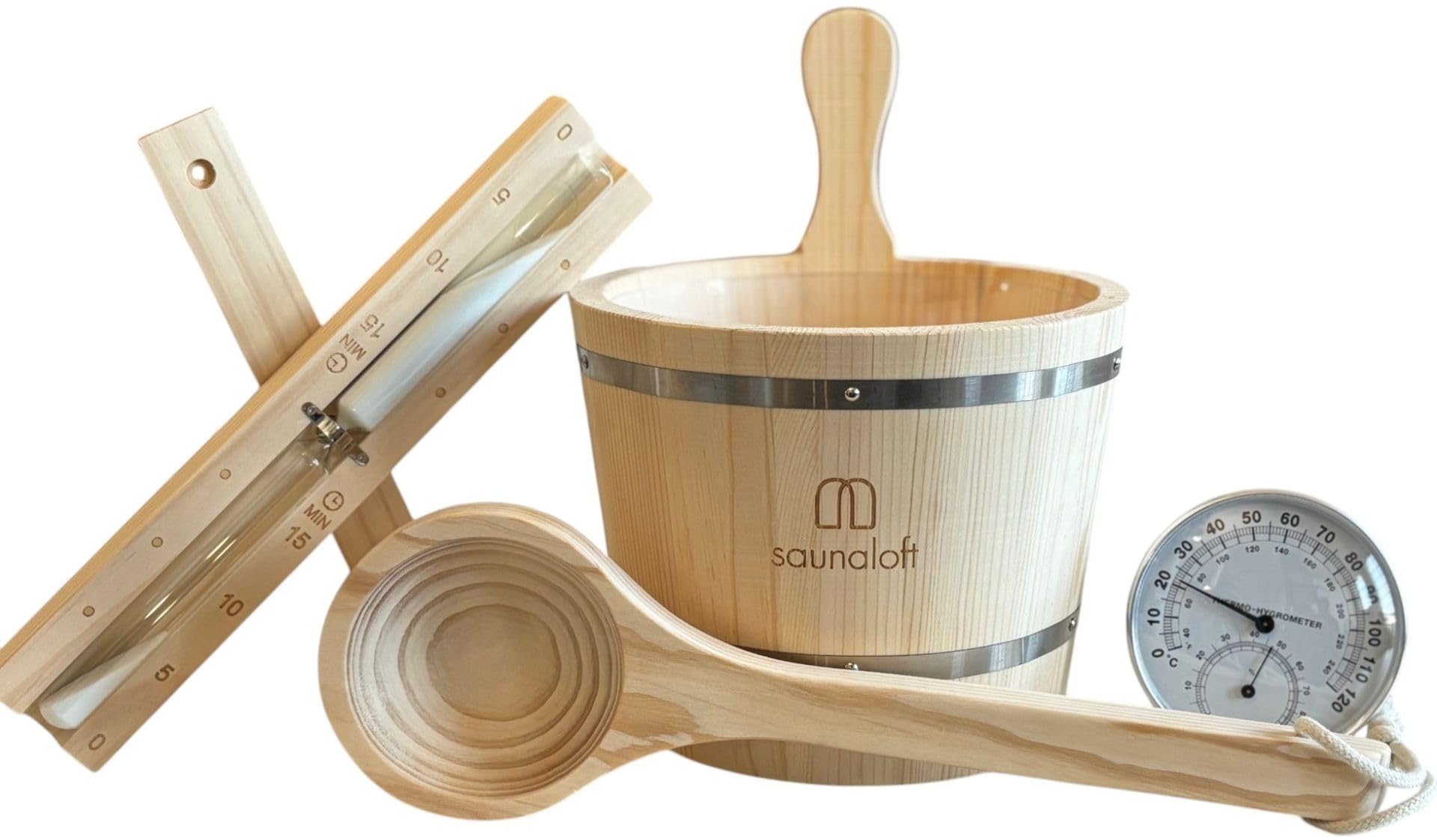 Set di accessori per sauna in legno di pino, 5 pezzi con secchio di legno da 3 l, inserto in plastica, cazzuola da sauna da 36 cm, clessidra da 15 minuti, termoigrometro