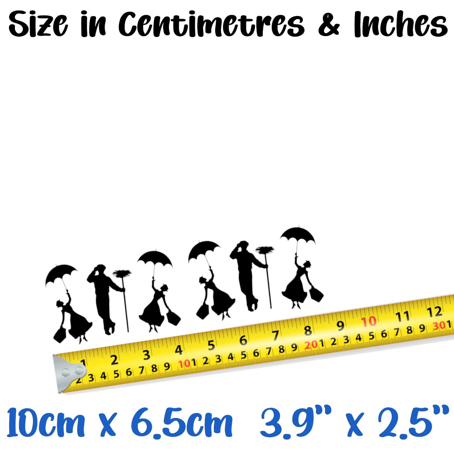 Pack of 6 Flying Nanny Silhouette Waterproof Decal - Use On, Car Bumper Sticker, Light Switch Laptops, Water Bottles, Scrapbooking (Small, Black)