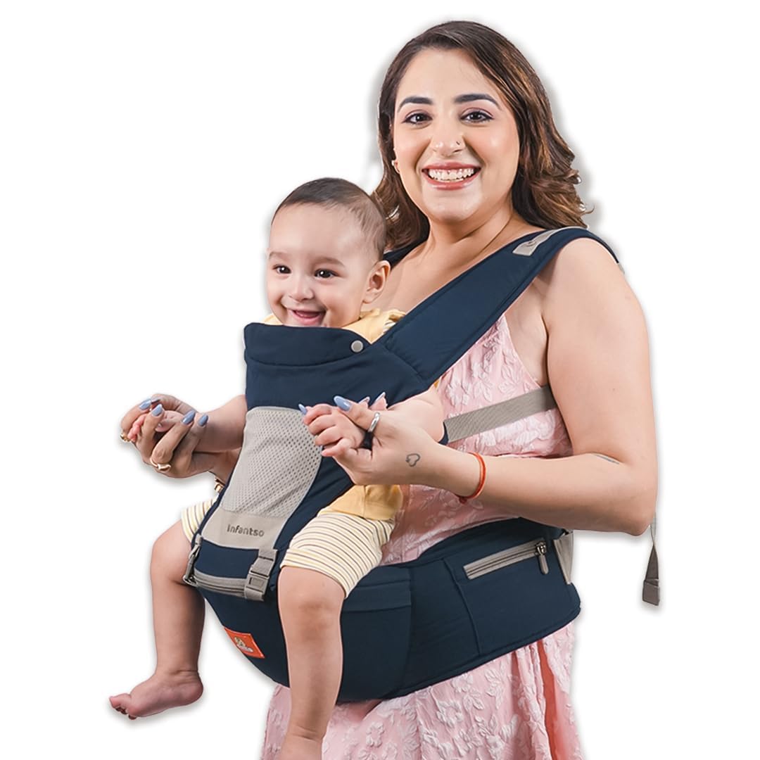 Infantso Premium Hip Seat Baby Carrier with 6 Adjustable Carry Positions, Carrier for 0 to 3 years Baby with Hip Seat, Kangaroo Style Bag, Baby carrying Bag for Newborn to Toddler, Weight upto 15kgs (Blue&Grey)
