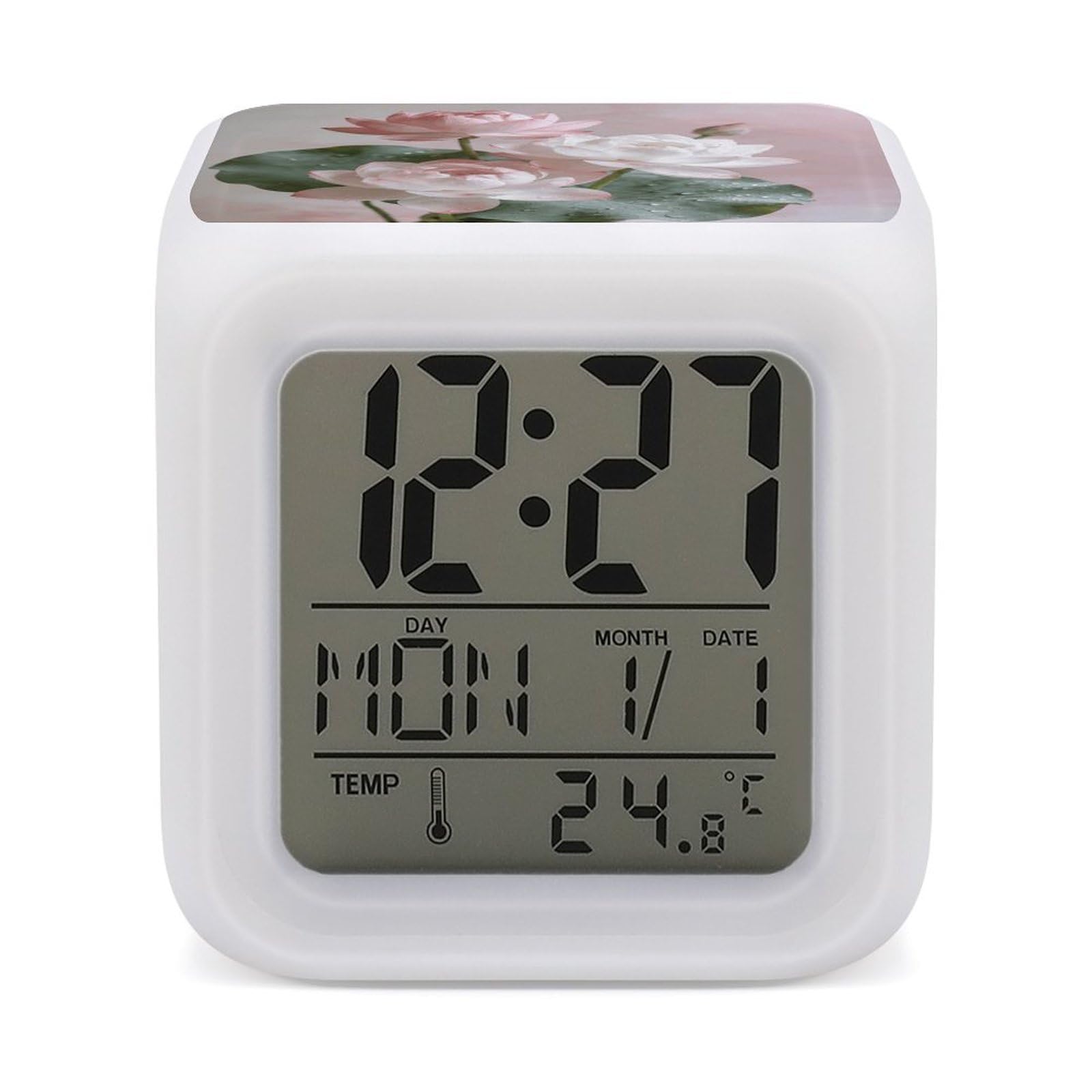 LZQPOEAS Lotus Floral Alarm Clock with 7 Color Changing Nightlight for Bedroom Calendar Temperature Display Wake Up Digital Clock Small Desk Clocks for Heavy Sleepers Adults