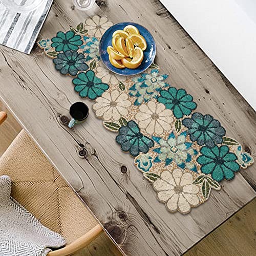 Beaded Runner, Beaded Table Runner 36 Inch, Rustic Farmhouse Hand Beaded Runner To Decorate Harvest Xmas Wedding Family Party Bridal Shower Dinner Table Décor - 13X36 Inch - Teal Combo #TOP6