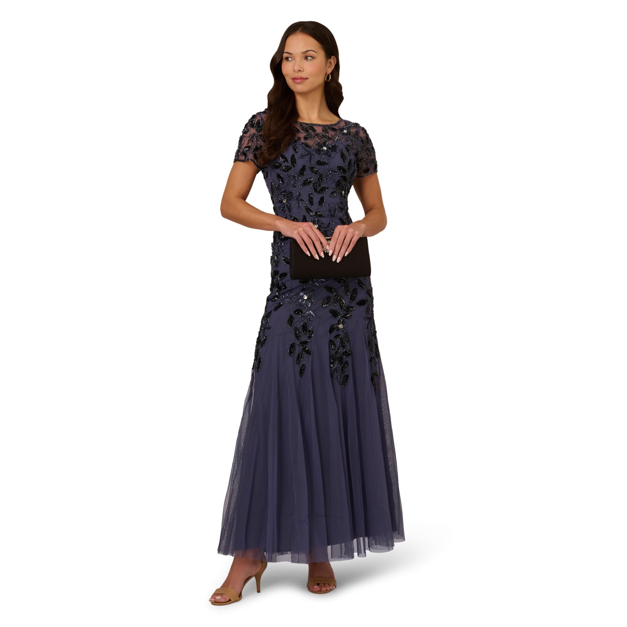 Adrianna Papell Bead Long Dress with Godets