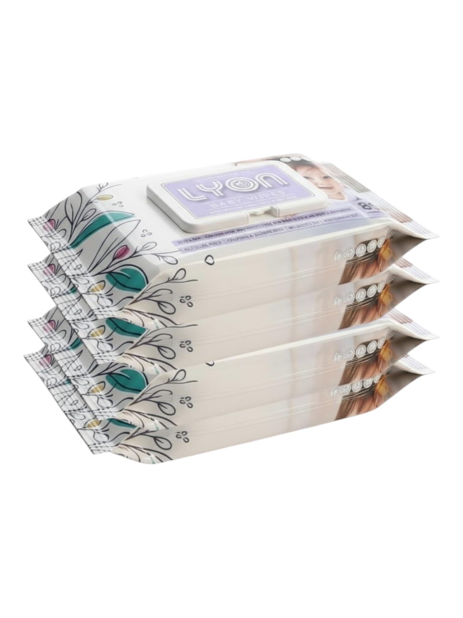 Lyon baby wet wipes with lid enriched with aloe vera and vit e (80 wipes per pack) Pack of 4