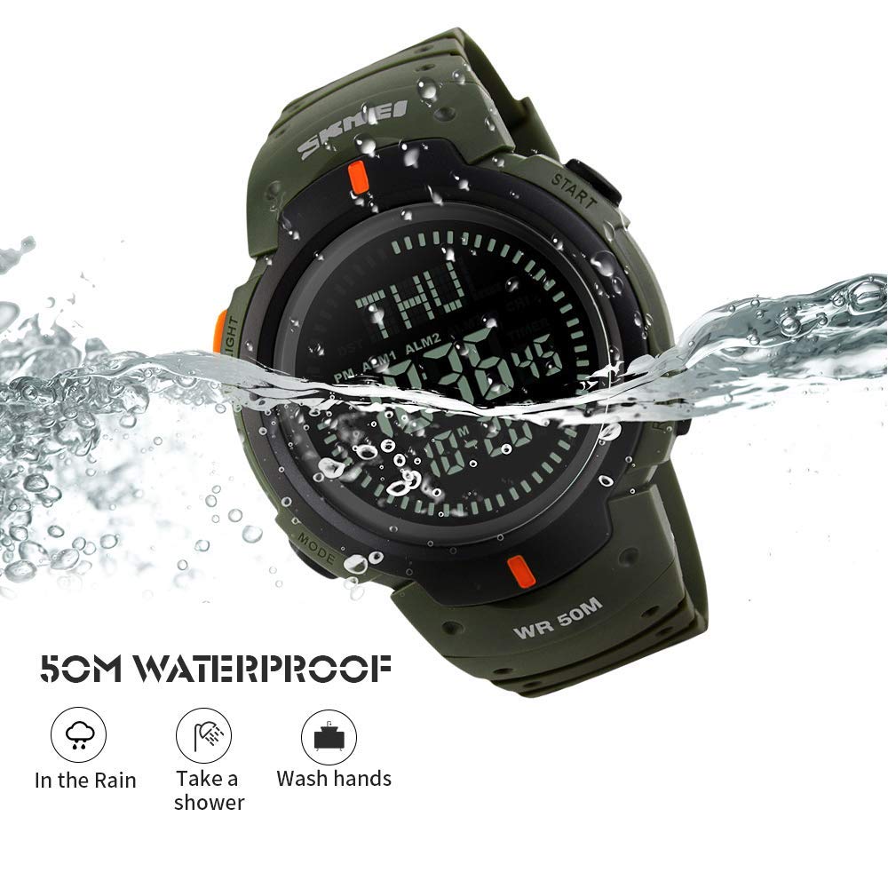 Montre numérique de sport militaire pour homme avec boussole de survie étanche jusqu'à 50 m, compte à rebours 3 alarmes, chronomètre (C-noir) (vert armée)