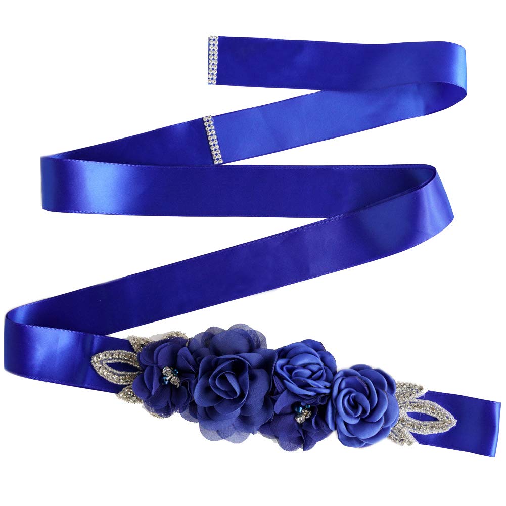 Lauthen.S Sash Belt with Flowers Pearls Rhinestone for Wedding Bride/Baby Shower Dress, Royal Blue, One Size