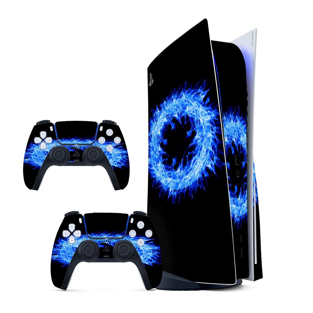 GADGETS WRAP Printed Vinyl Skin Sticker Decal for Sony PS5 PlayStation 5 Disc Edition Console & 2 Controller (Skin Only, Console & Controller not Included.) - Blue Fire Ring-picture-22