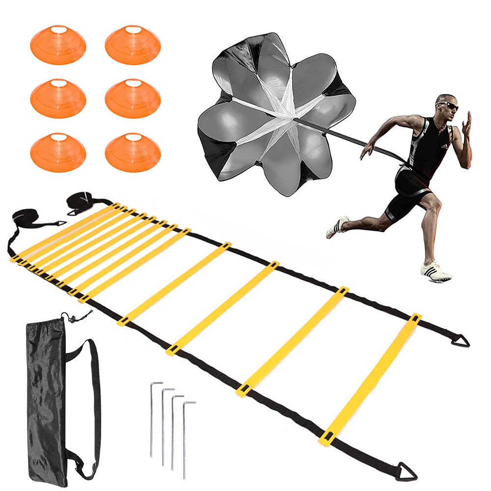 KizmetKare Soccer Speed Training Agility Ladder Set with 6 Cones, Resistance Parachute, and 4 Hooks. Improve Speed, Strength, and Coordination, Kit for Football, Basketball, Rugby, Track Field Drill