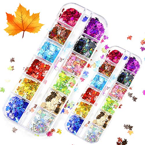 2 Boxes Christmas Maple Leaf Glitter Nail Sequins Fall Nail Art Stickers 3D Laser Maple Leaves Nail Design Autumn Leaves Glitters Nails Flakes Holographic Nail Sparkle Glitters Set