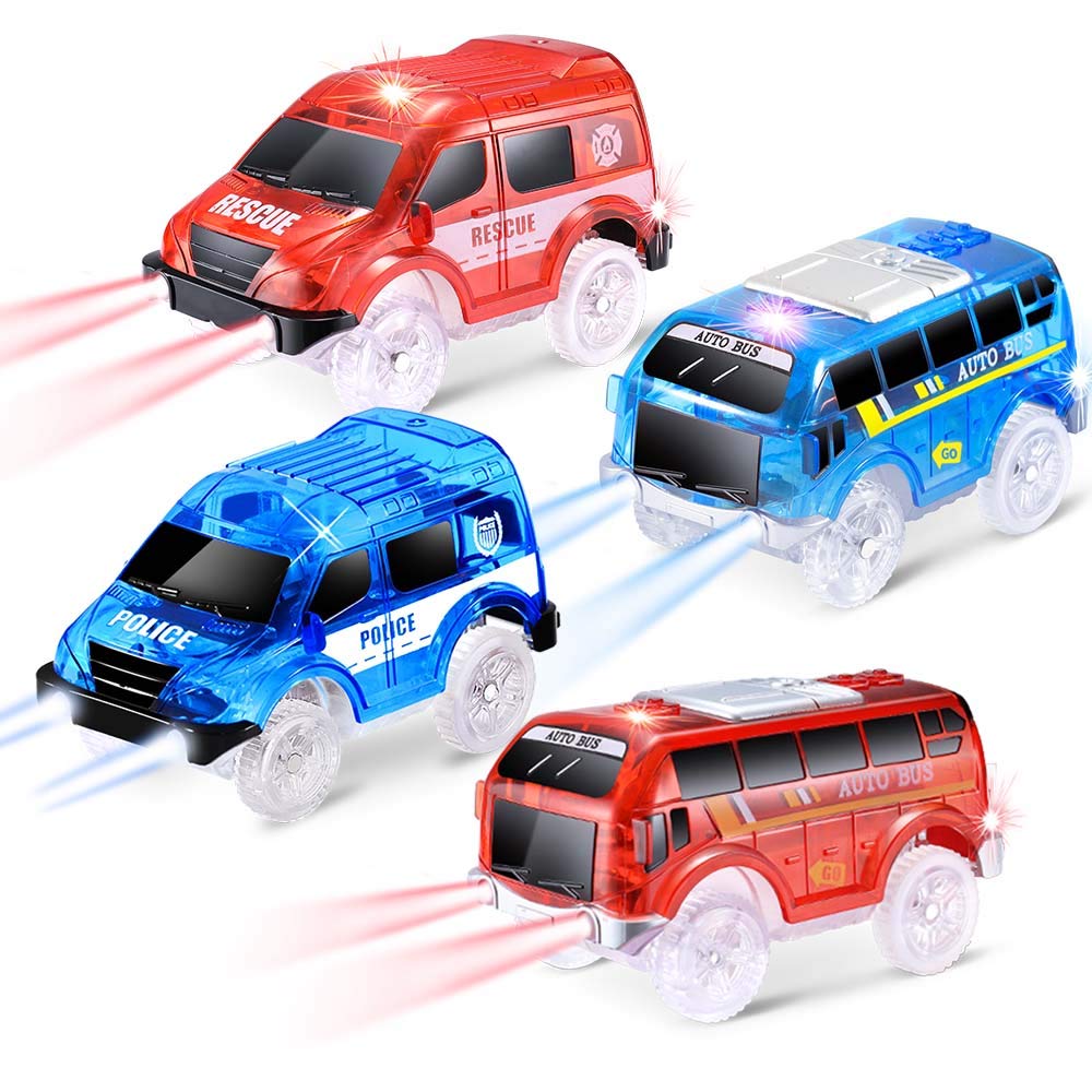 QUOXO 4 Pack Replacement Only Tracks Toy Car with LED Lights, Compatible with Tracks Playset(Free Fingerboard)